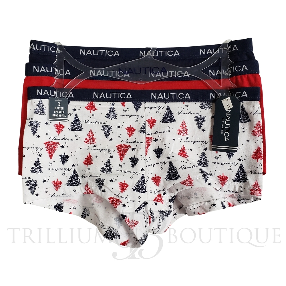 NAUTICA Women's Boyshort Underwear 3 Pairs Red White Blue Christmas Trees Small